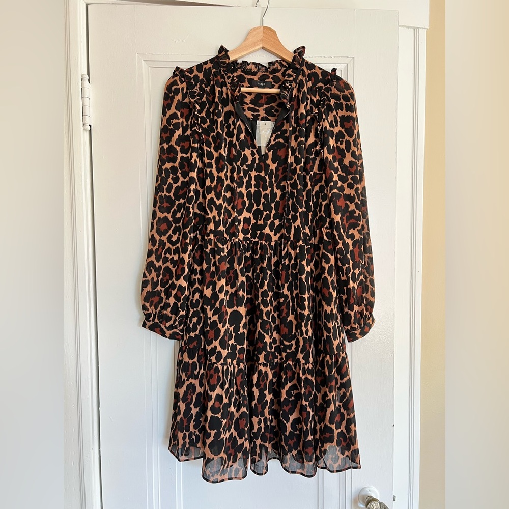 J.Crew Women’s Tie-neck tiered dress in leopard crinkle chiffon size XS NWT